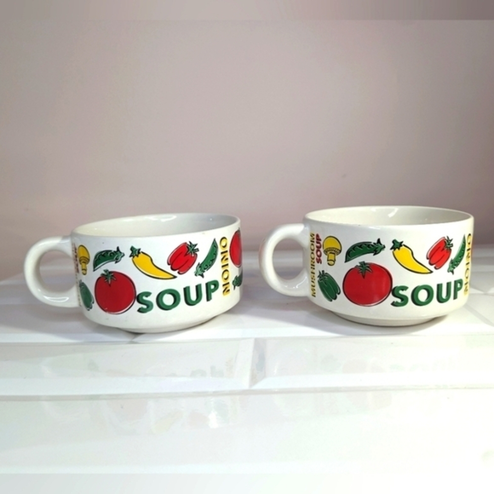 Vintage Houston Harvest Soup Bowls Mugs Stacking Pair Vegetables Set of 2 - Picture 6 of 11